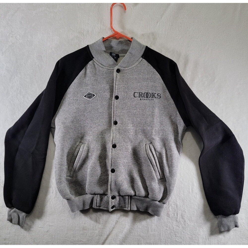 CROOKS & CASTLES Streetwear Button Up Men's Varsity Jacket Size S/P Black / Gray